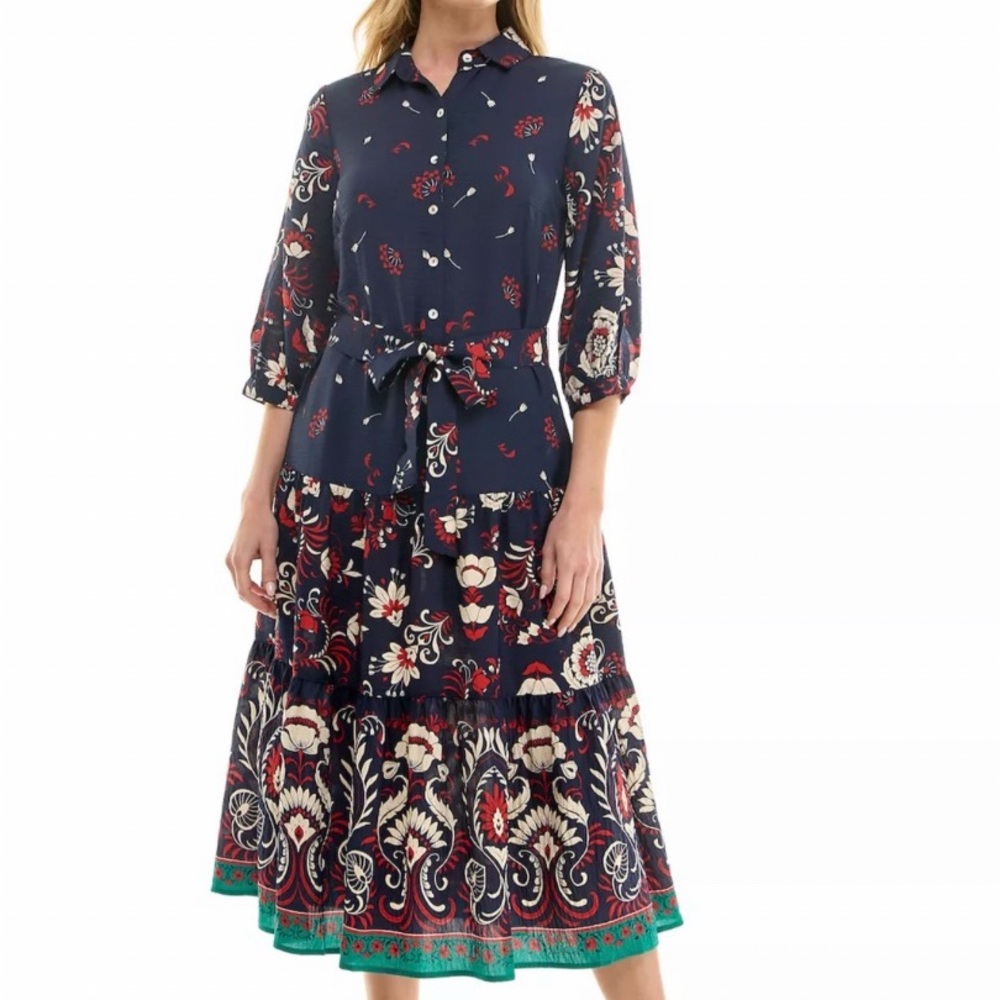 Red and Pink Peplum Midi Dress with Bishop Sleeves